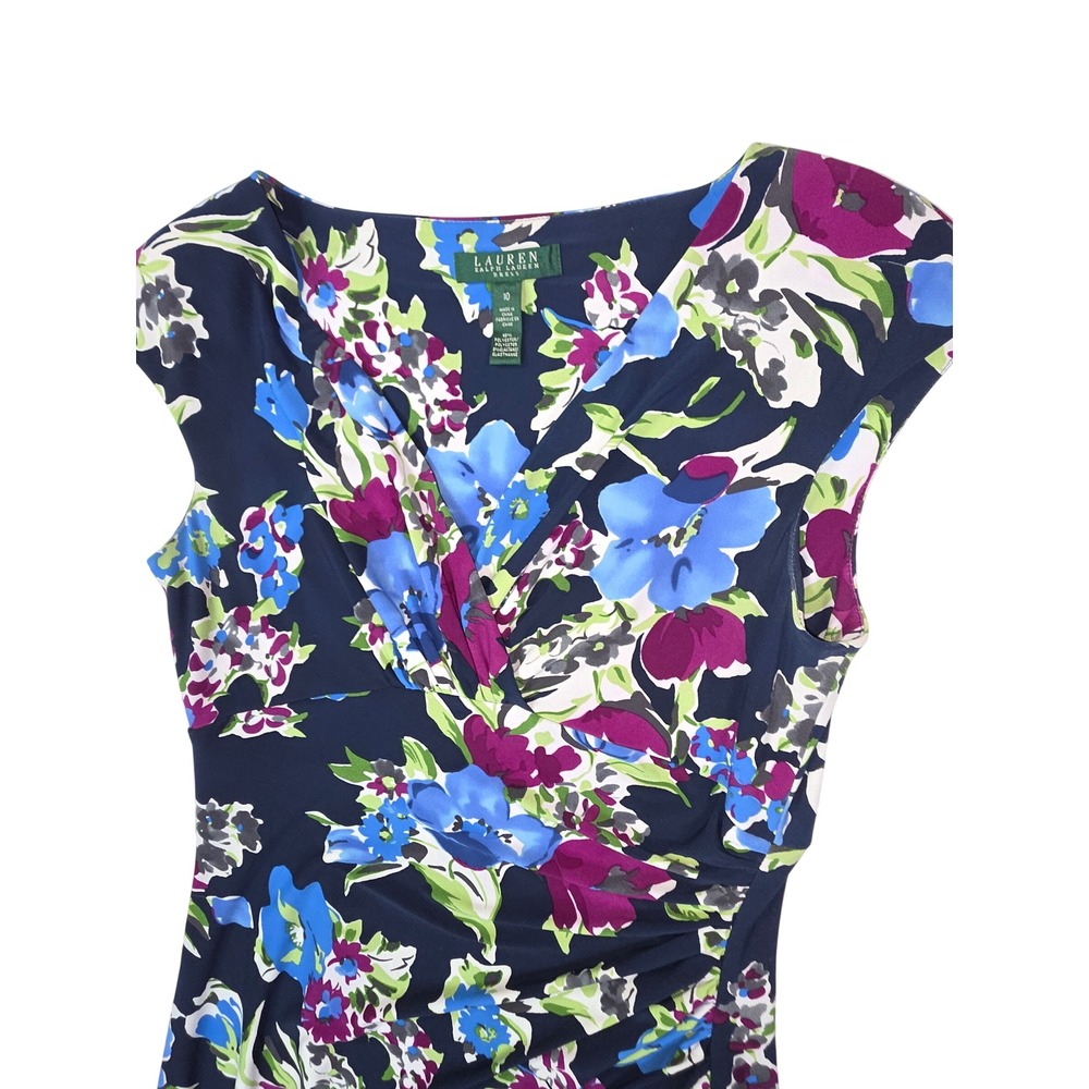 Lauren Ralph Lauren Navy Blue Floral Ruched V-Neck Sheath Dress Womens 10 - Picture 6 of 9